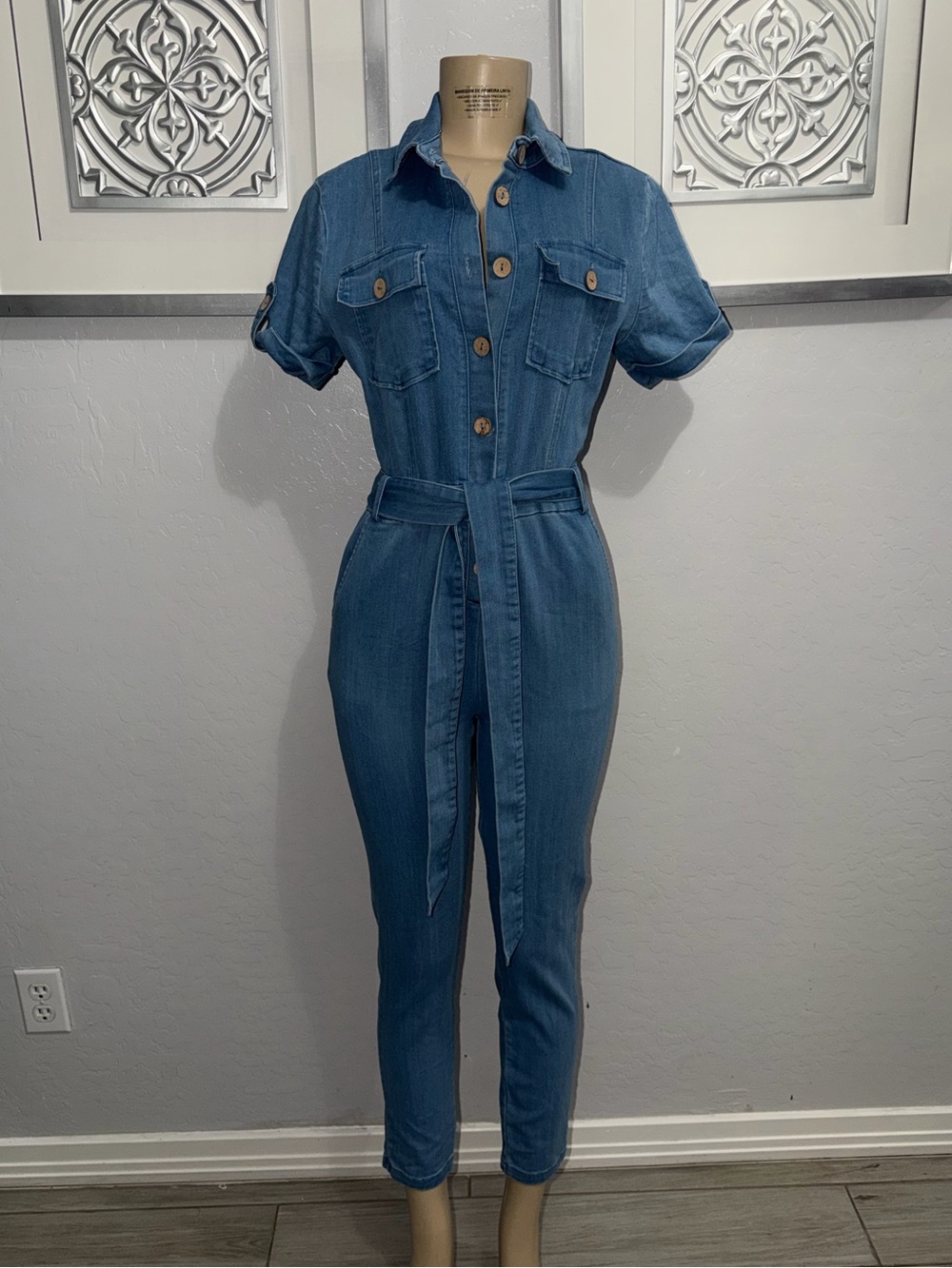 Haute Monde Light Blue Denim Tie-Waist Jumpsuit